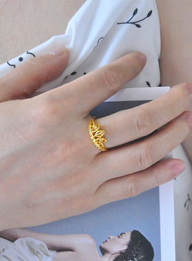 原创镀24K金色古法皇冠食指戒指女ins高级感小众设计素圈沙金指环