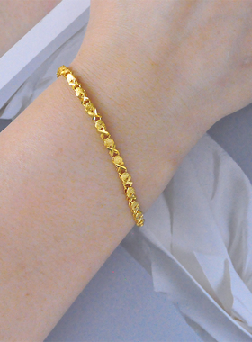 洗手洗澡不用摘~素金手链简约百搭镀24K金色十字心形仿真黄金手链