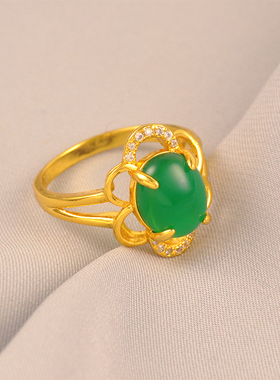 中国古风花型戒指女士镀24K金色搭配碧绿古风搭中式风格闭口戒指