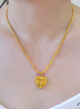 约12克 高定送妈妈母亲节镀24K金色鸡心吊坠包金心形女士麻花项链