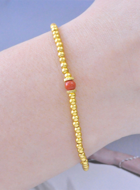 叠搭手链沙金色珠串手链点缀仿珊瑚珠手串女小金珠手链送女友礼物