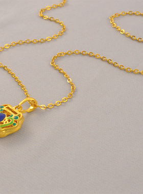 花丝凤华如意蓝花锁包吊坠项链女镀24K金色汉服配饰平安锁送女友