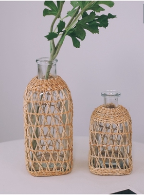 玻璃花瓶天然草手编桌面摆件花器