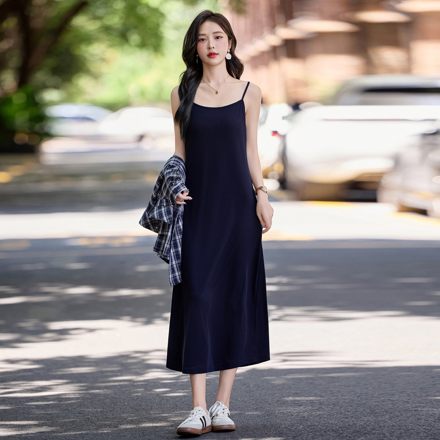 长袖吊带连衣裙套装女2026春季新款收腰格子衬衫外套背心裙两件套,淘宝优惠券,粉丝福利购,淘宝优惠卷