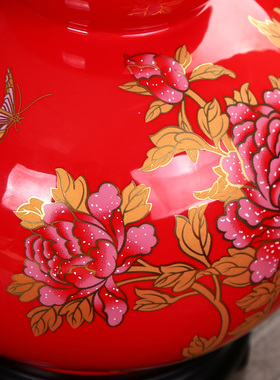 中国红陶瓷 红釉牡丹花葫芦瓶 家居中式客厅摆件开业结婚礼物礼品