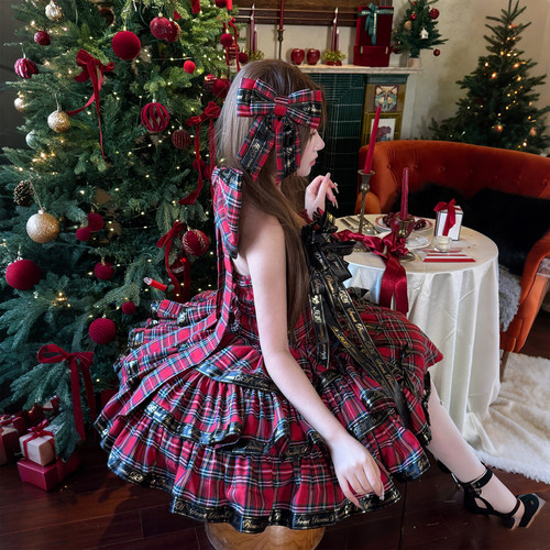 全款【摇滚kitty】红格子日常可爱新年打歌服狗短红黑连衣裙原创 - 图0