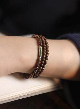 檀木DIY手工编织4mm念珠搭配橄榄玉创意复古多圈男女款手链