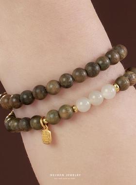 原创老料绿檀木佛珠手串女森系学生檀香百香籽手链情侣民族风男女