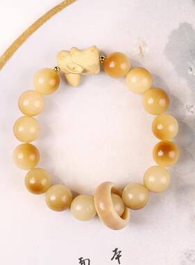 原创白玉菩提根DIY炭烧菩提子念珠搭檀木玉兔可爱跑环单圈手串