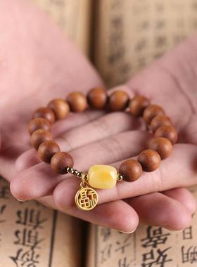 巴布亚檀香单圈佛珠手串随形蜜蜡沙金福字吊坠复古风手链饰品男女