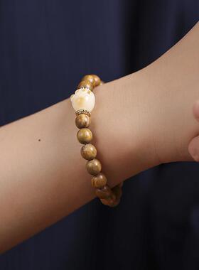 绿檀手串女森系手链复古萌趣菩提炭烧猫爪子小松果单圈情侣佛珠