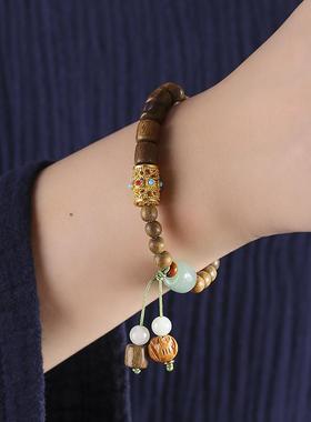 创意古风绿檀木手串女文艺情侣手链小众设计佛珠桶珠禅意文玩手串