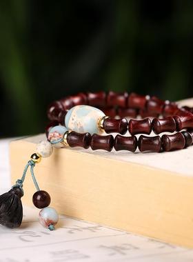 小叶紫檀竹节双圈手串佛珠男士复古中国风寿山石小莲蓬礼物手链女