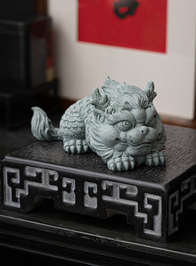 国风青砂石招财瑞兽麒麟茶宠盖置笔托家居茶室茶桌多用途小摆件