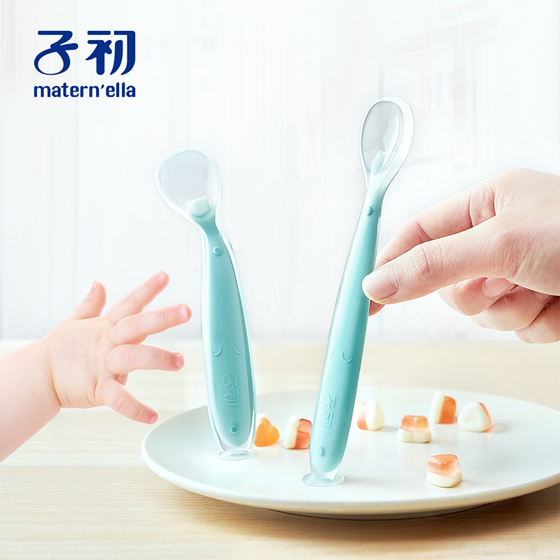 子初婴儿勺子萌趣硅胶学食勺两件套曲面喂养勺耐高温儿童进餐用品