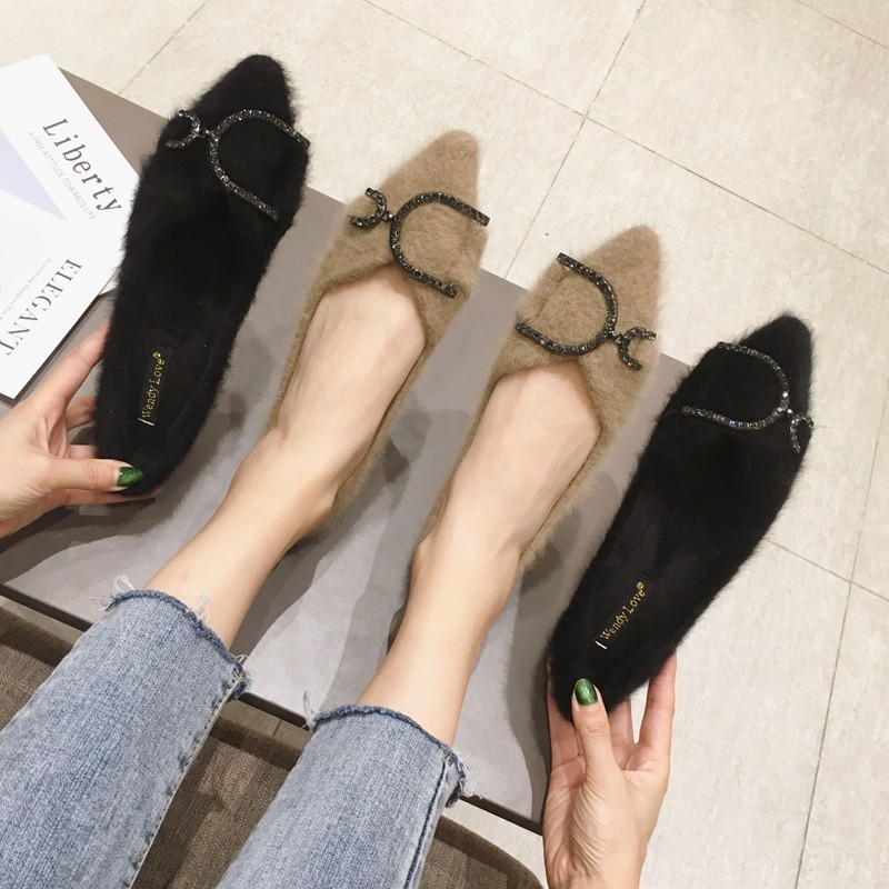 毛毛鞋女平底单鞋2025秋冬新款韩版加绒棉瓢鞋尖头浅口平跟豆豆鞋,淘宝优惠券,粉丝福利购,淘宝优惠卷