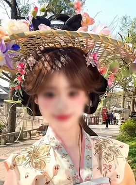 汉服蝴蝶古风小斗笠帷帽套装成品粉紫色绢花百搭懒人写真拍摄灵动