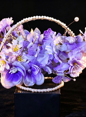 新款宋制紫色古风冠甜美花神簪花花冠汉服仿珍珠洛神仙子发冠全套