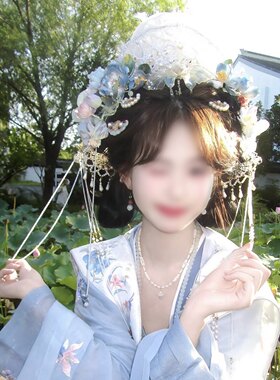 宋制蓝色发冠洛神仙子汉服簪花头饰古风珍珠妆汉服流苏步摇头饰品