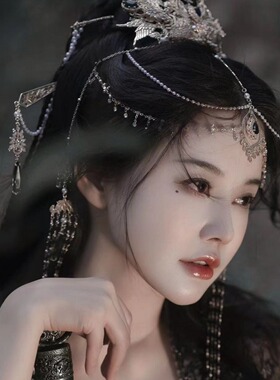 古风汉服原创设计夜华流苏金发冠后压红黑套装仙侠影视摄影
