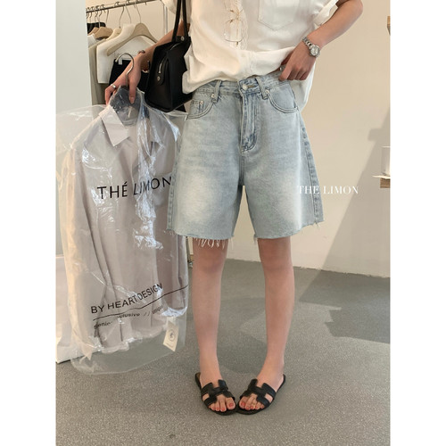 柠檬绿茶夏季洋气复古毛边水洗浅蓝宽松阔腿中裤牛仔短裤女HT-002 - 图0
