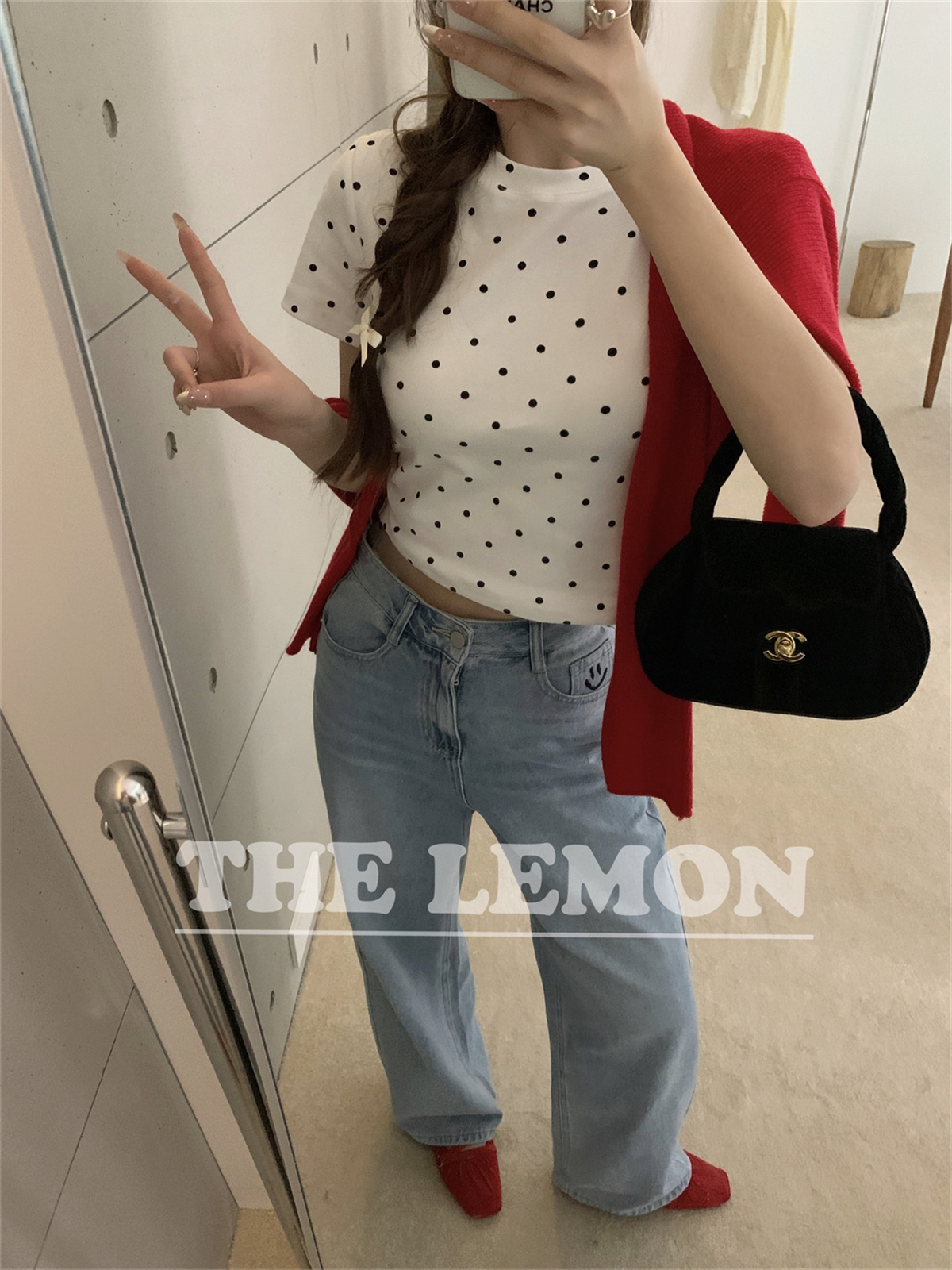 THE LEMON复古波点正肩短袖T恤女24春季显瘦百搭减龄短款tee上衣 - 图3