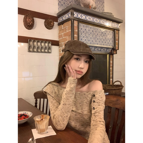 SEE YOU法式一字肩荷叶边复古杂色椰子扣显瘦小衫配腰带YS—3151C - 图2