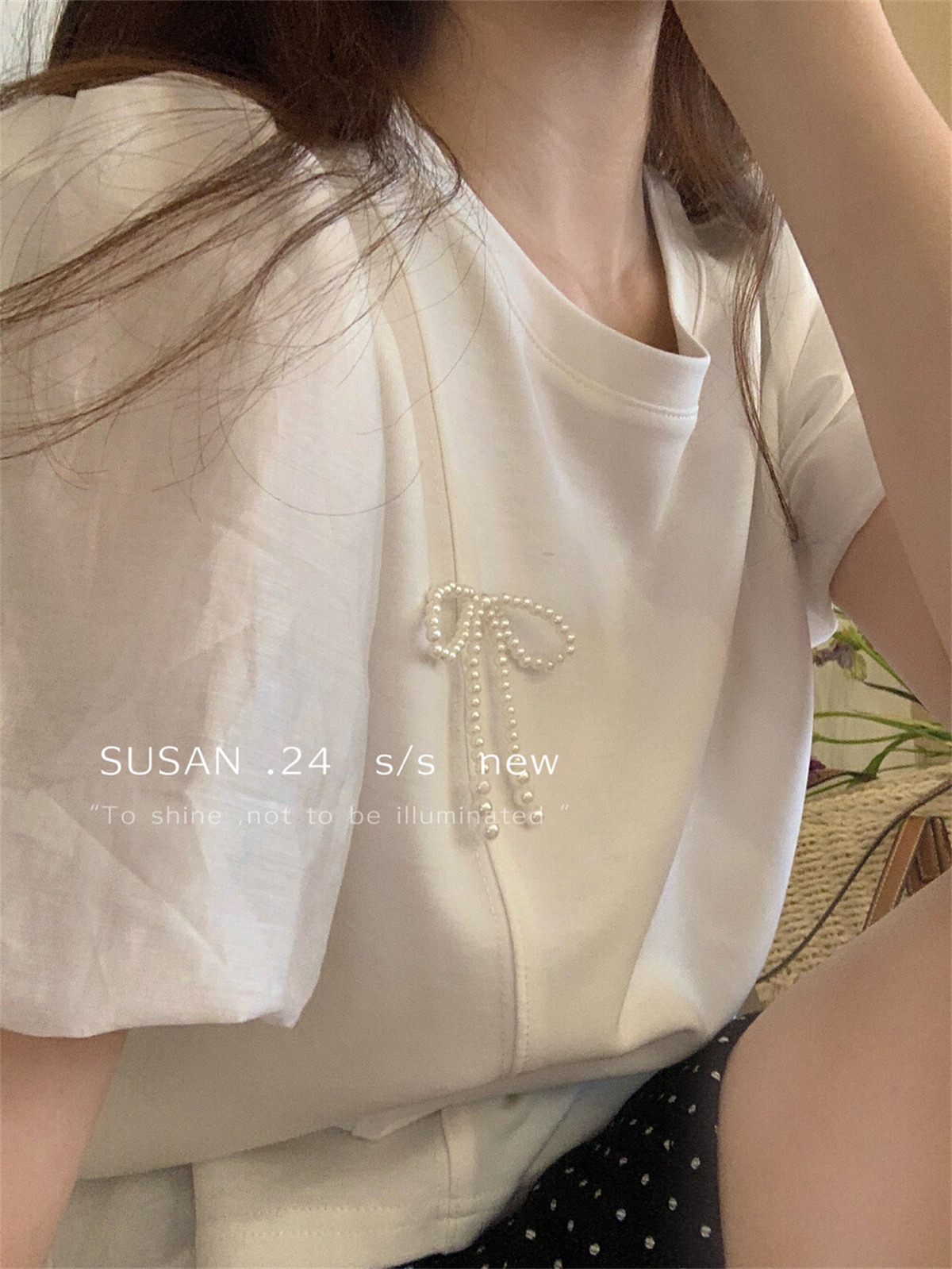 SUSAN珍珠蝴蝶结拼接短袖T恤女2024夏季设计感休闲百搭tee上衣 - 图0