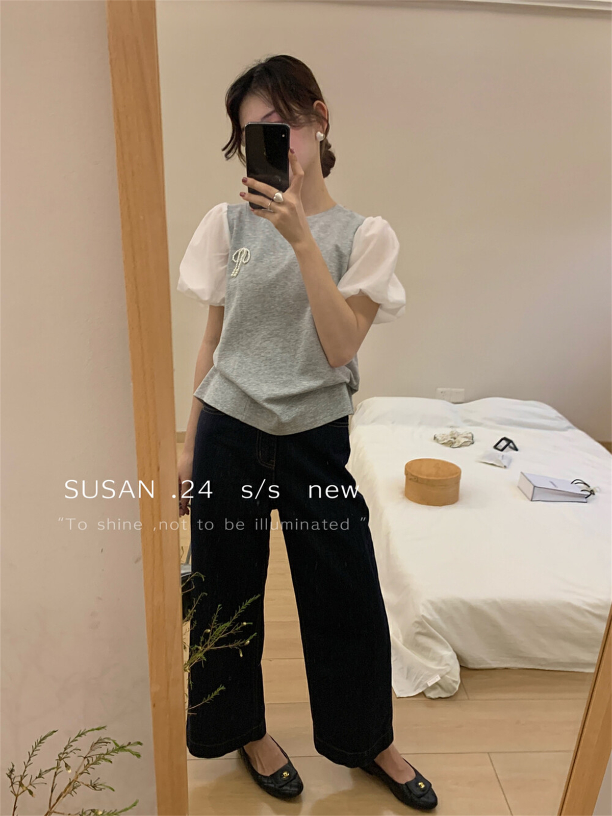 SUSAN珍珠蝴蝶结拼接短袖T恤女2024夏季设计感休闲百搭tee上衣 - 图3