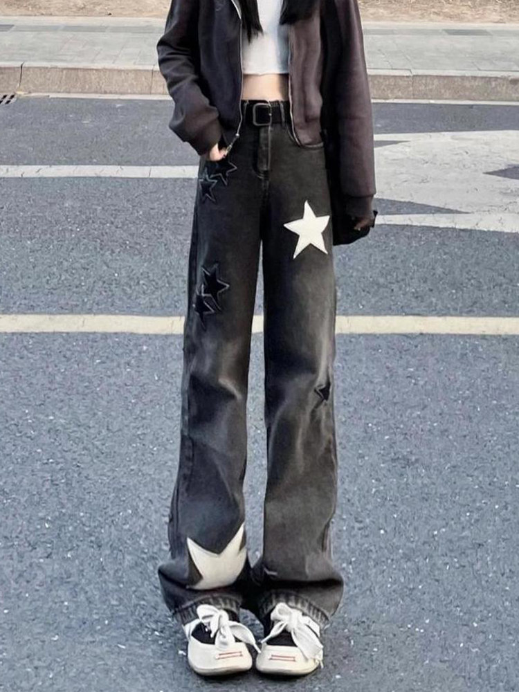 设计感星星直筒牛仔裤大码胖妹妹显瘦裤子粗腿屁股大美式阔腿长裤,淘宝优惠券,粉丝福利购,淘宝优惠卷