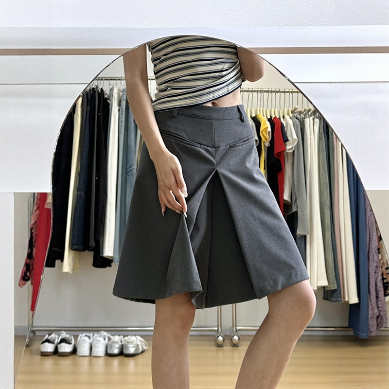 灰色叠褶西装短裙裤女款大码胖mm小个子显瘦a字百褶五分阔腿裤裙,淘宝优惠券,粉丝福利购,淘宝优惠卷
