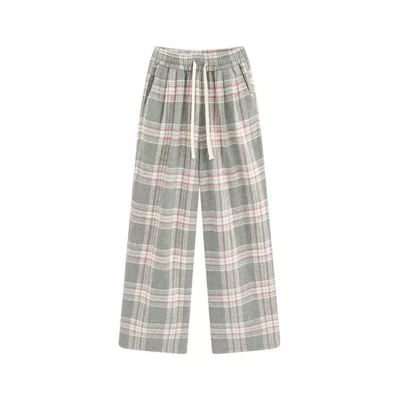 复古灰粉格子撞色阔腿裤子女秋装大码胖mm梨形身材显瘦直筒休闲裤 - 图3