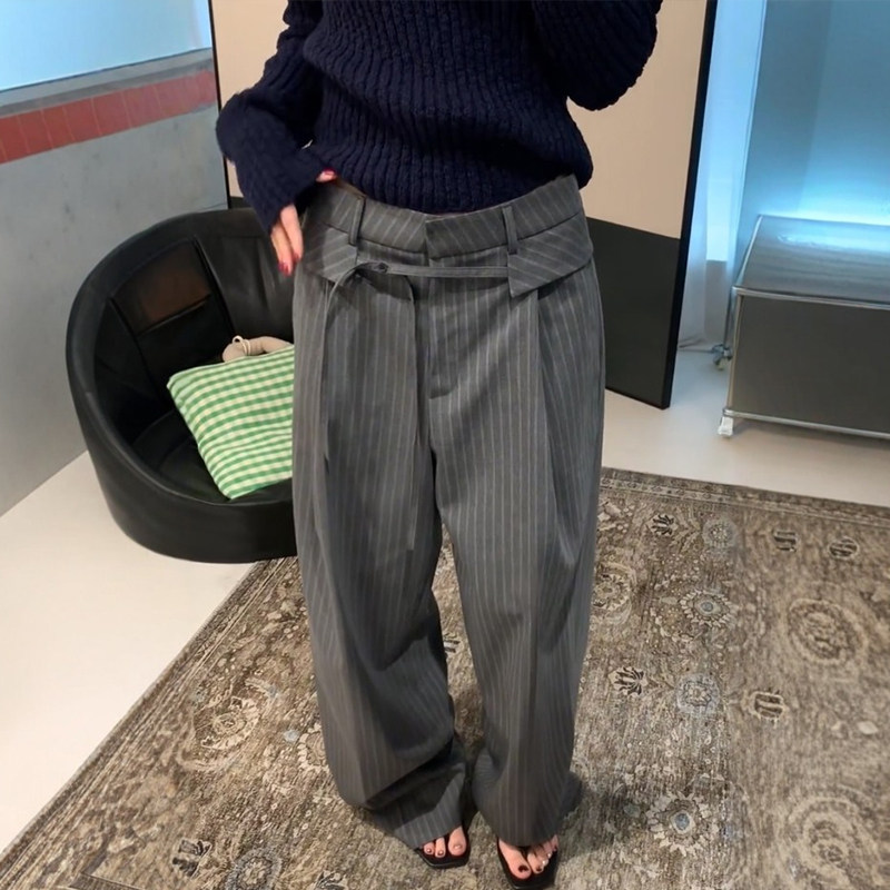 设计感灰色条纹西装裤女阔腿休闲大码慵懒风高智感日常通勤裤子春,淘宝优惠券,粉丝福利购,淘宝优惠卷