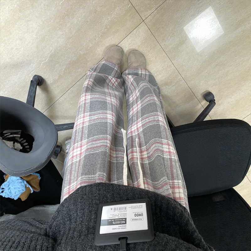 复古灰粉格子撞色阔腿裤子女秋装大码胖mm梨形身材显瘦直筒休闲裤 - 图2