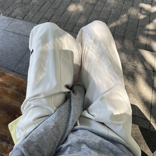 白色速干工装裤女款大码爱心刺绣阔腿裤垂感酷飒风直筒透气运动裤 - 图1