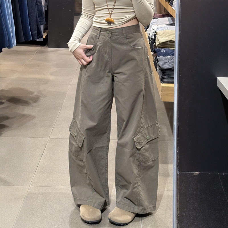 美式复古军绿色阔腿工装裤子女秋装大码胖mm显瘦设计感休闲弯刀裤,淘宝优惠券,粉丝福利购,淘宝优惠卷