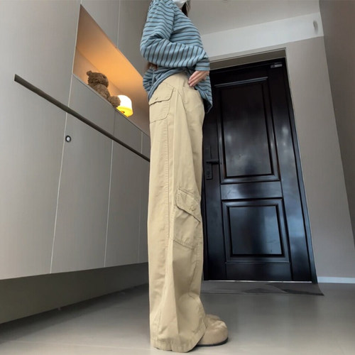 弯刀卡其色老钱风裤子大码胖mm工装裤女款2026新款高腰阔腿镰刀裤 - 图0