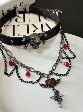 暗黑哥特亚文化滴油爱心十字架复古朋克真皮项链女choker个性颈链