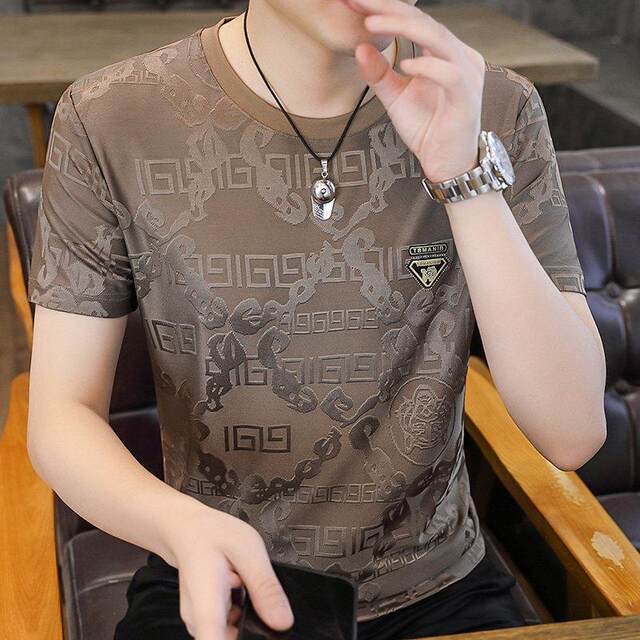 ຜູ້ຊາຍ Ice Silk Short Sleeve Summer New Round Neck T-shirt Half Sleeve Slim Casual Jacquard Breathable Top T Work Wear