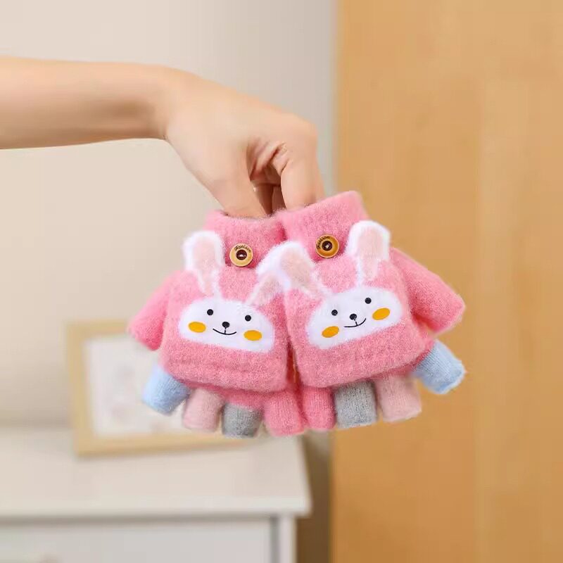 儿童手套半指翻盖冬天季保暖毛绒小学生女孩男童宝宝可爱露指写字