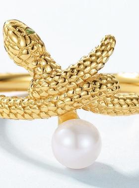 夏尼灵蛇系列欧美新款S925银镶珍珠蛇形戒指