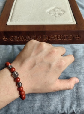 泰银复古绿松南红小圆珠十字花手链镀纯银弹力绳柿子红手串手饰