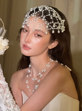 欧美复古半遮面发饰网状珍珠发箍婚礼舞会派对百搭白色珍珠发箍女