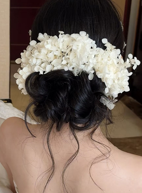 绣球永生花复古新娘花环头纱白色花朵头饰求婚领证拍照道具高级感