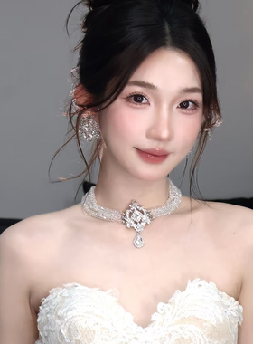 新娘婚纱水晶多层项链女轻奢高级感水滴吊坠锁骨链柔甜洛可可配饰