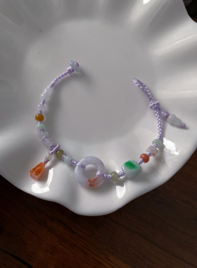 特色天然翡翠A货洒金小甜甜圈平安扣玉环莲蓬手工调节浅紫手绳链