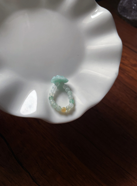 天然翡翠A货玉玫瑰花戒指手工小米珠串编织戒指食指女款指环国风