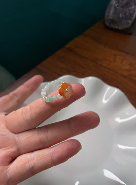 中式天然a货翡翠玉石小米珠串圆珠飘红小花戒指环闺蜜女文玩配饰