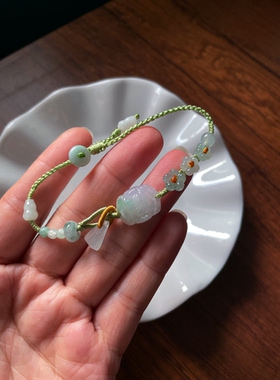 天然a货缅甸翡翠微雕藕莲花莲蓬小花好运转运玉石清新手编手绳链