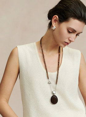 黑檀木串珠椭圆吊坠长款项链女